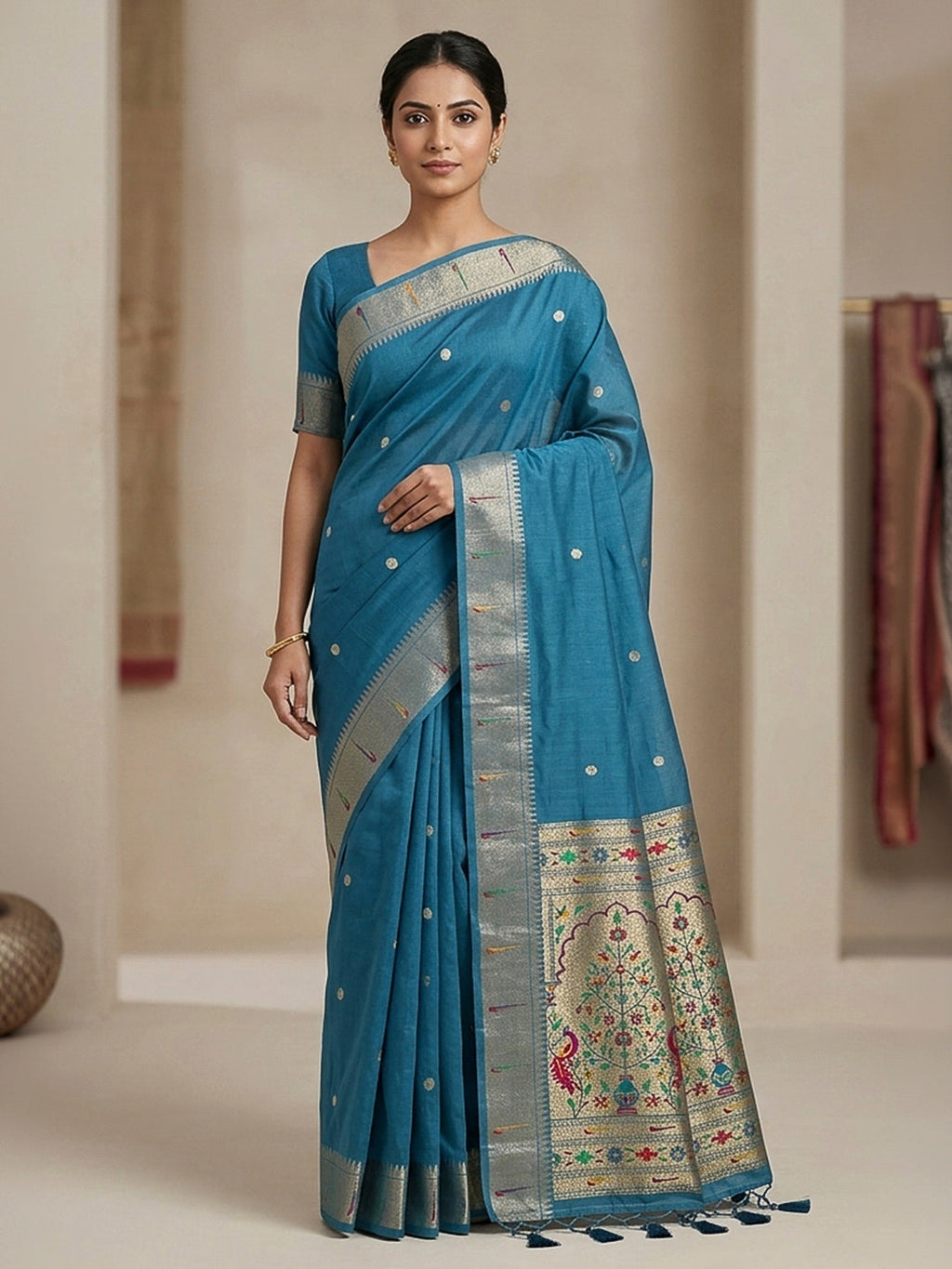 Peacock-Blue Cotton Blend Woven Saree
