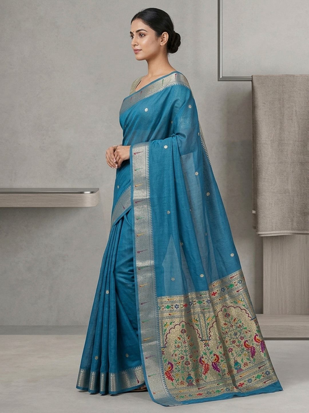 Peacock-Blue Cotton Blend Woven Saree