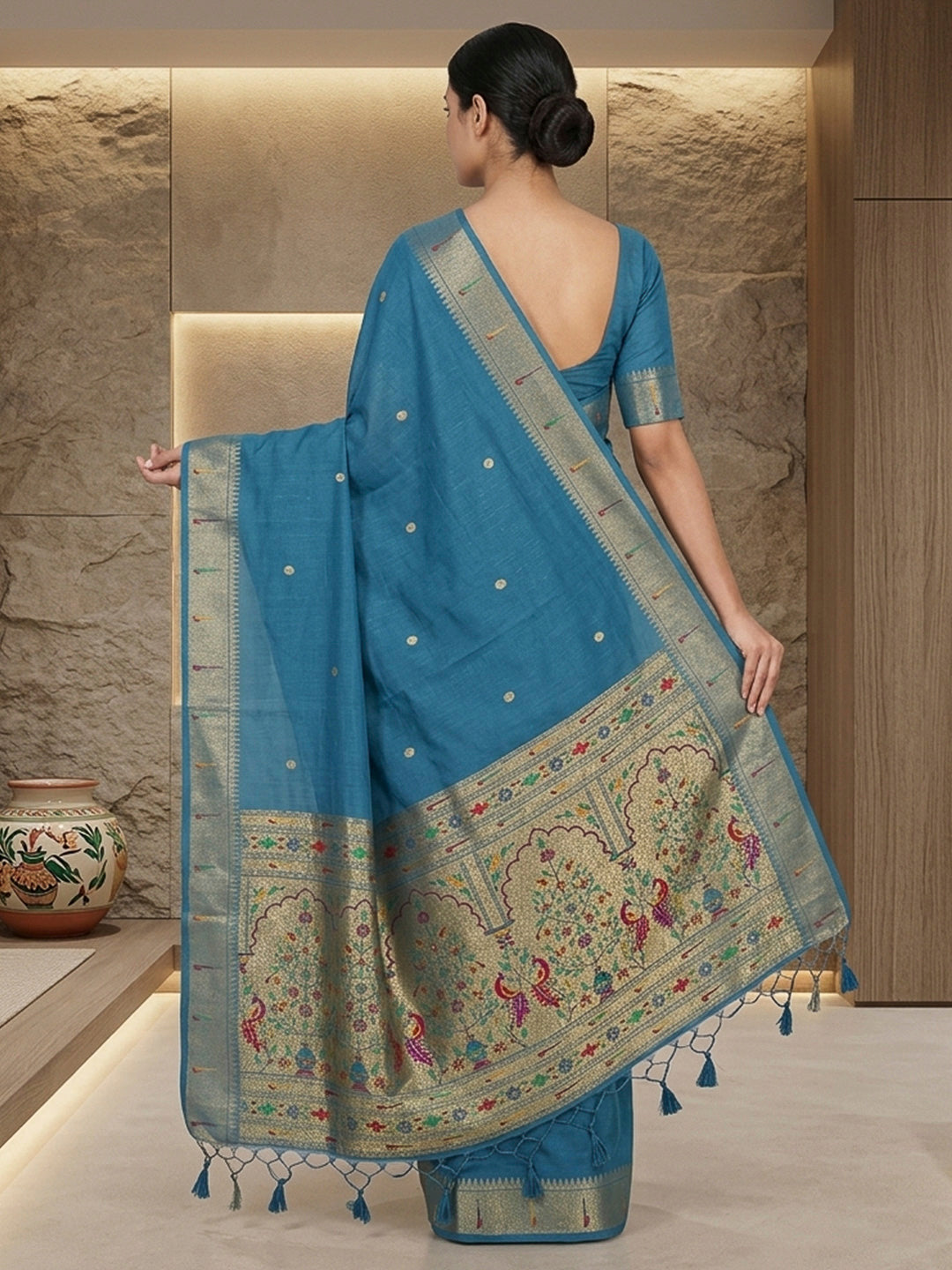 Peacock-Blue Cotton Blend Woven Saree
