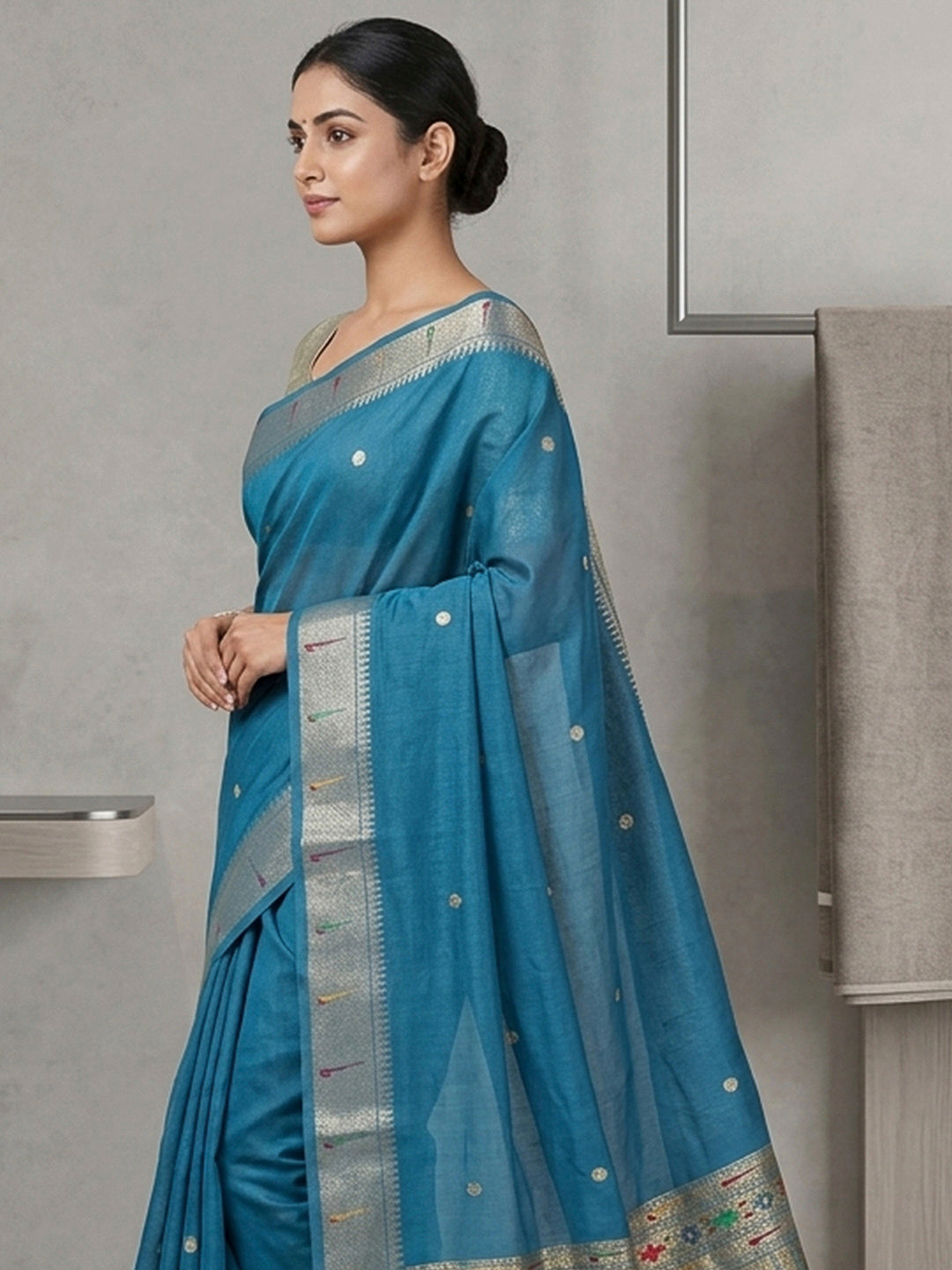 Peacock-Blue Cotton Blend Woven Saree