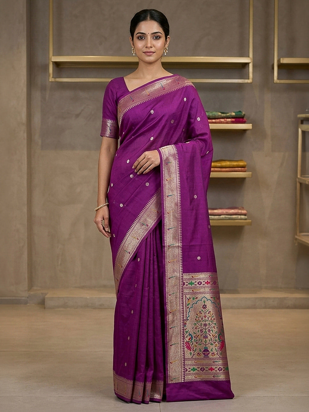 Purple Cotton Blend Woven Saree