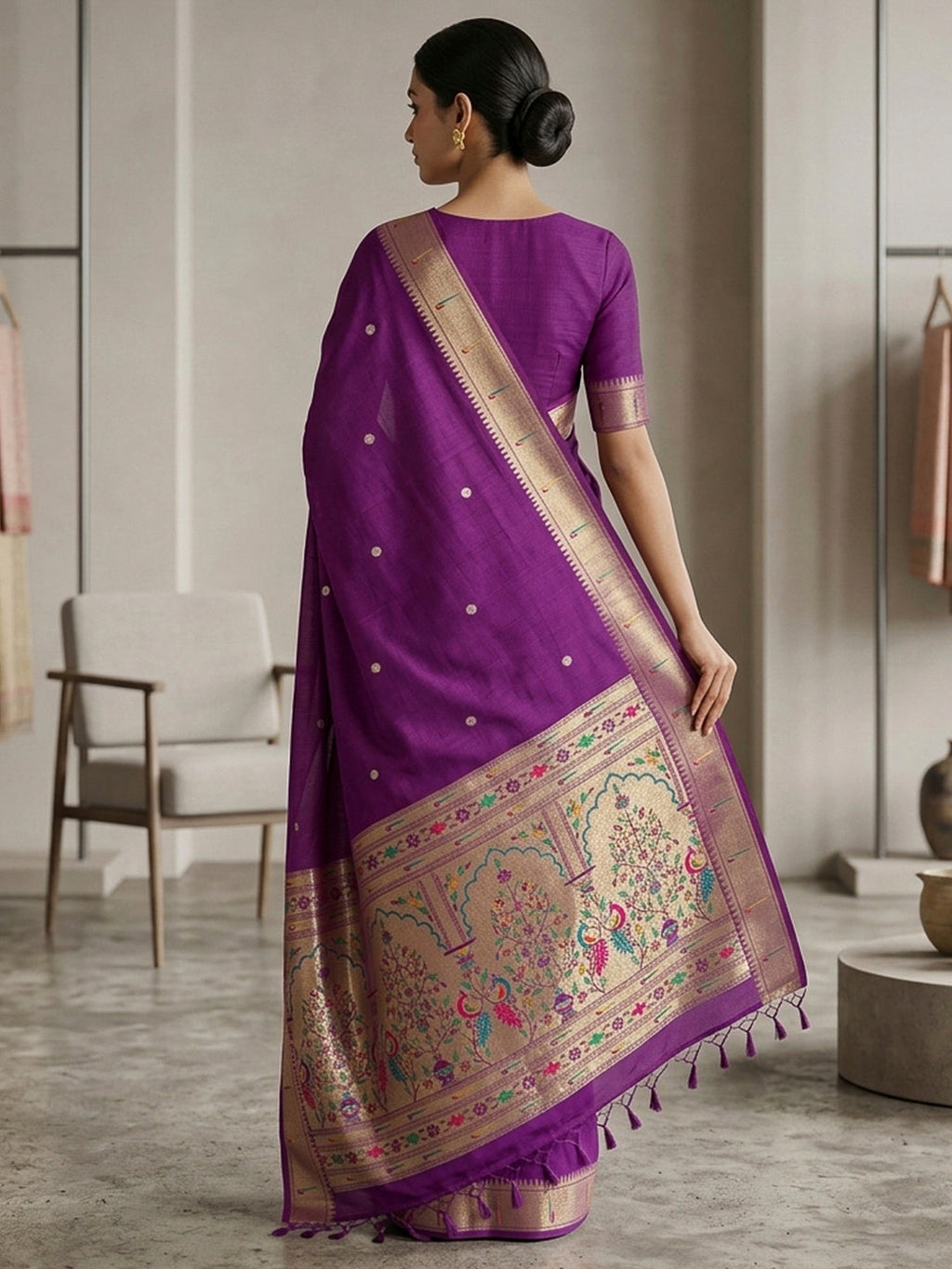 Purple Cotton Blend Woven Saree
