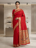 Red Cotton Blend Woven Saree