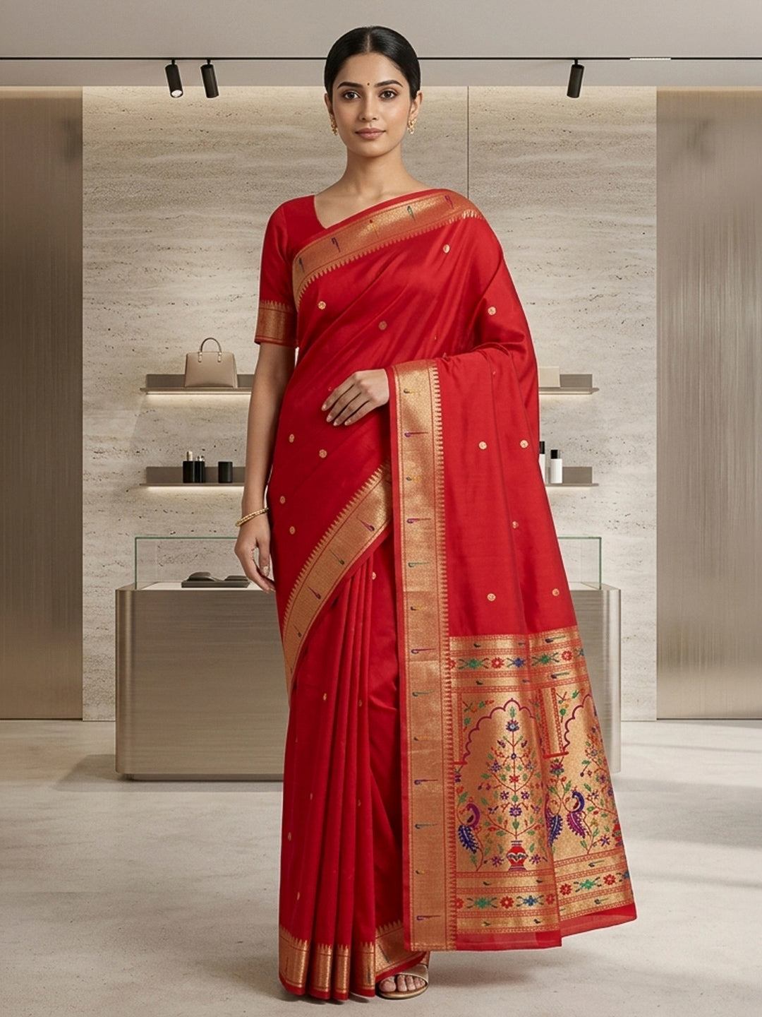 Red Cotton Blend Woven Saree