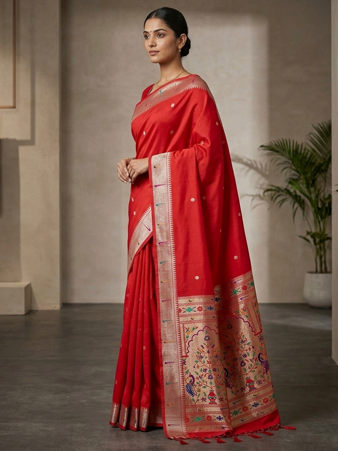 Red Cotton Blend Woven Saree