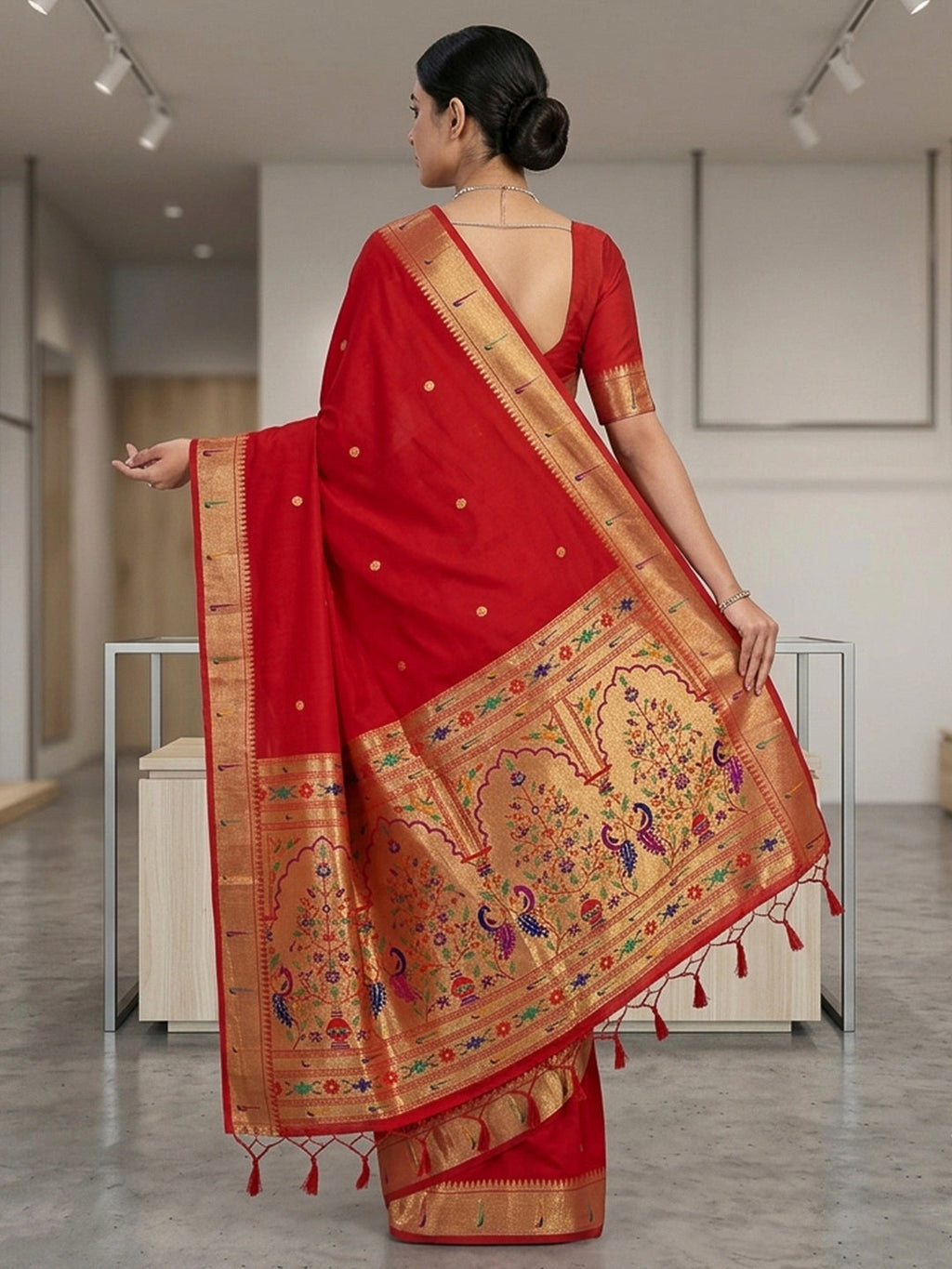 Red Cotton Blend Woven Saree