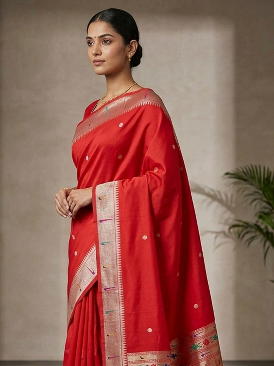 Red Cotton Blend Woven Saree