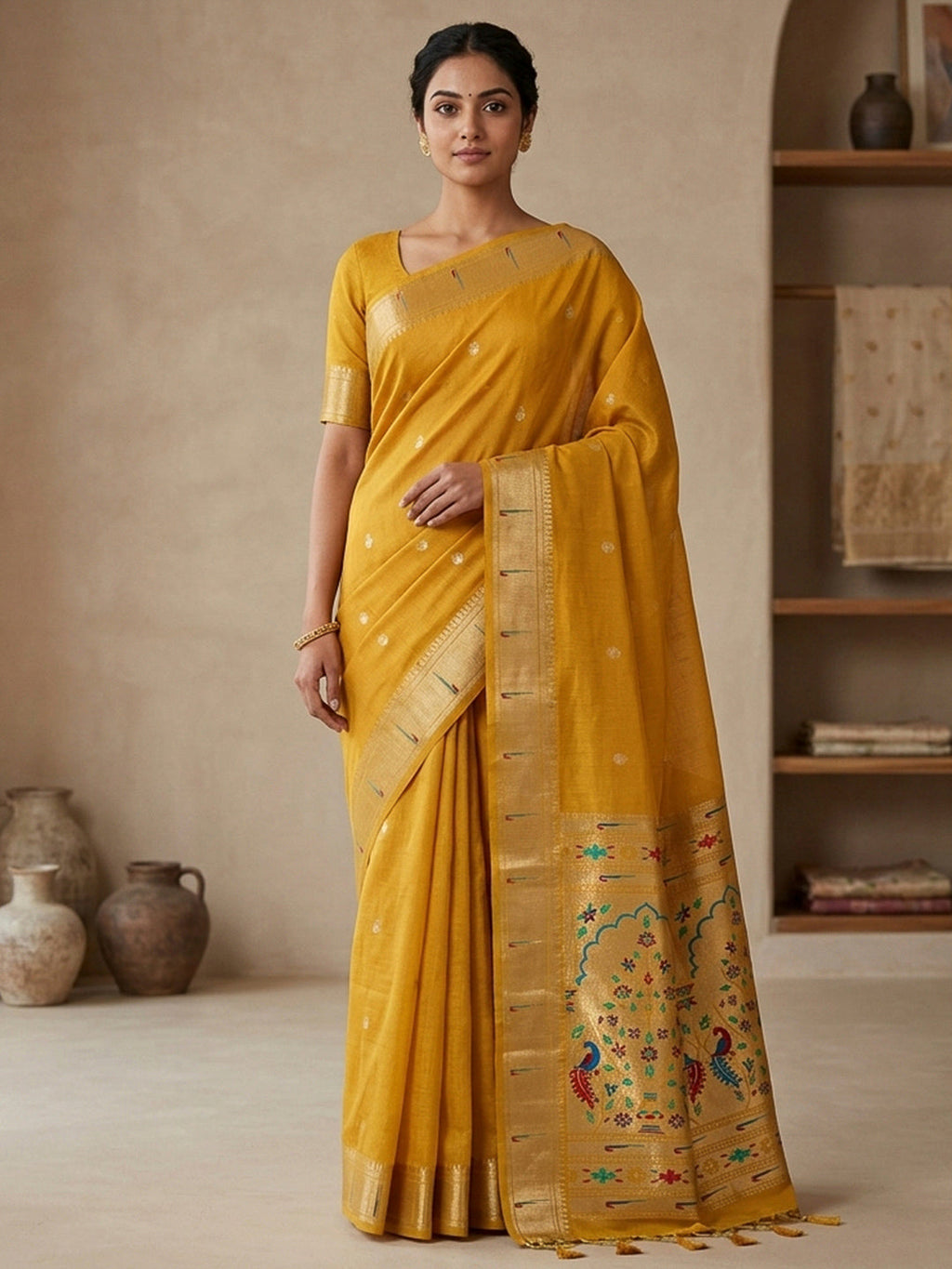 Yellow Cotton Blend Woven Saree