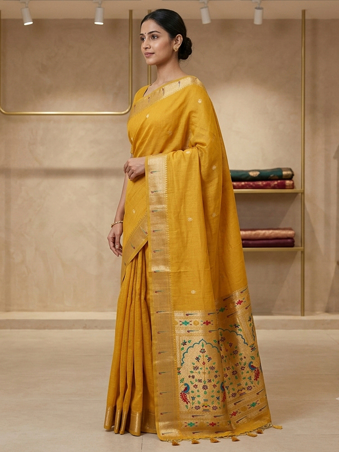 Yellow Cotton Blend Woven Saree