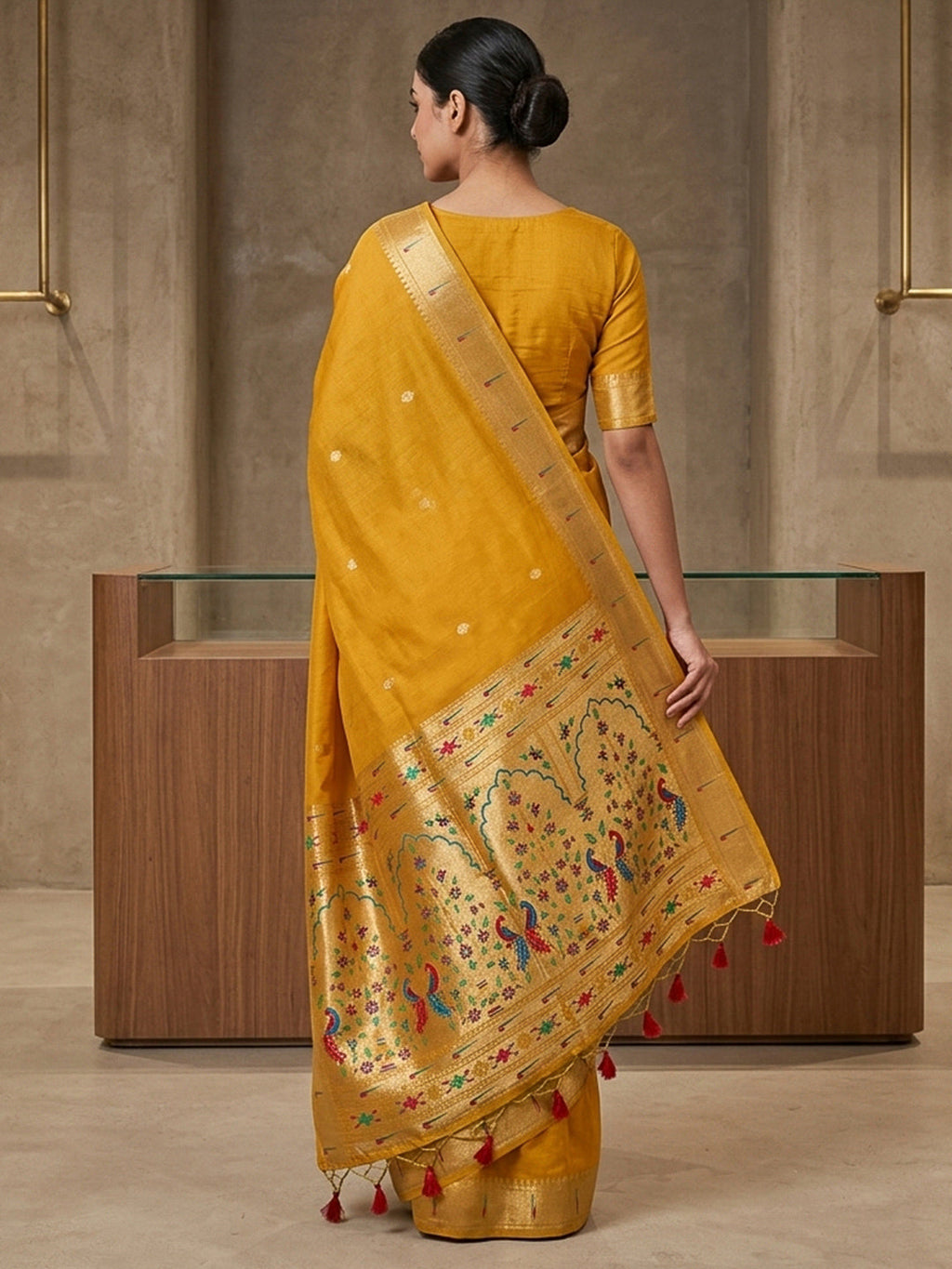 Yellow Cotton Blend Woven Saree