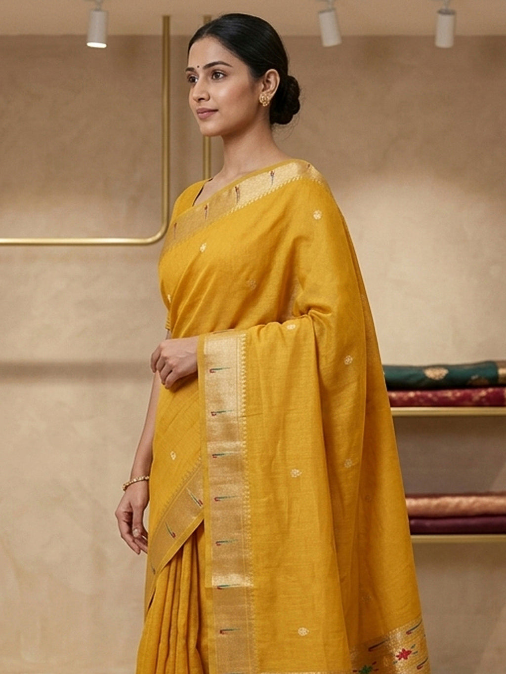 Yellow Cotton Blend Woven Saree