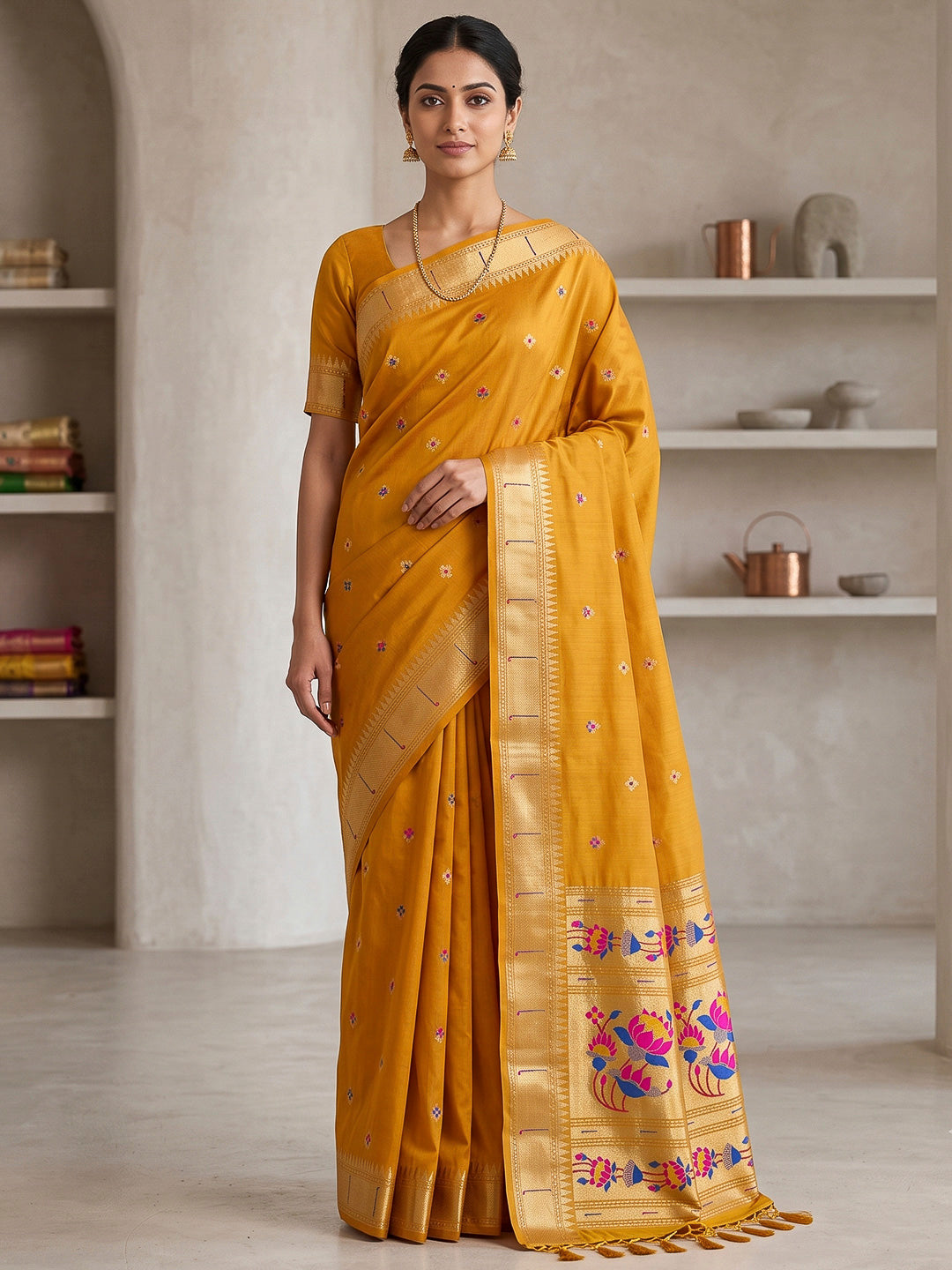 Mustard Cotton Blend Woven Saree