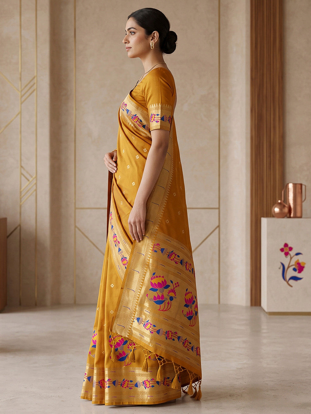 Mustard Cotton Blend Woven Saree