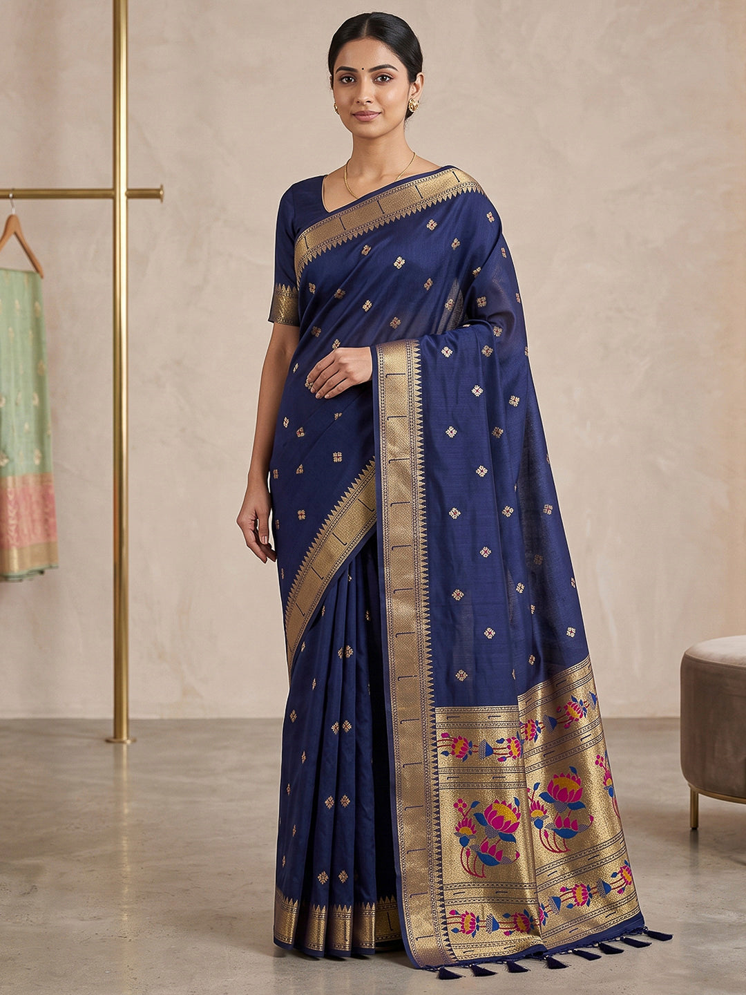 Navy-Blue Cotton Blend Woven Saree
