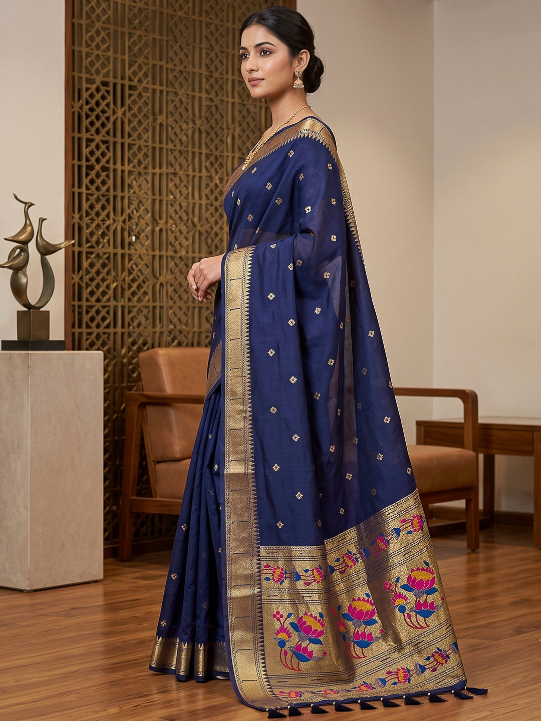 Navy-Blue Cotton Blend Woven Saree