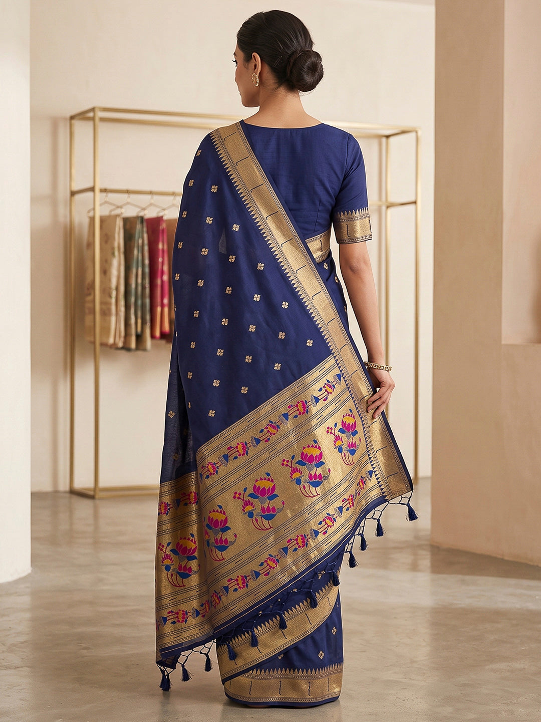 Navy-Blue Cotton Blend Woven Saree