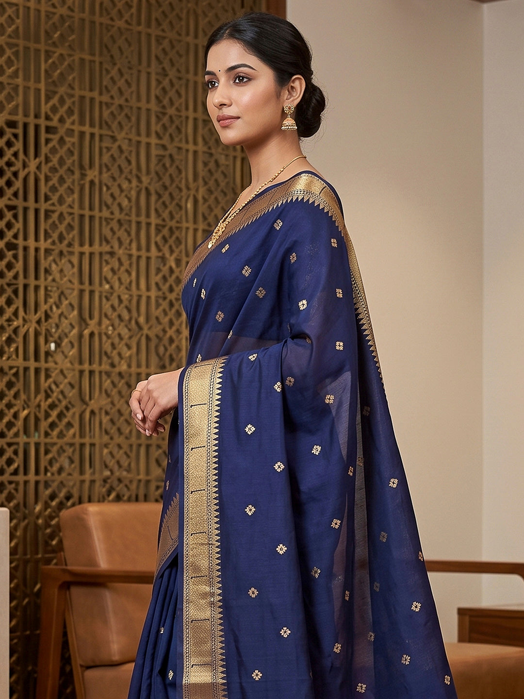 Navy-Blue Cotton Blend Woven Saree