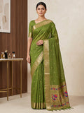Olive-Green Cotton Blend Woven Saree