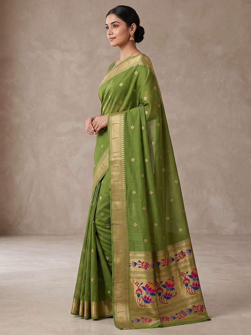 Olive-Green Cotton Blend Woven Saree