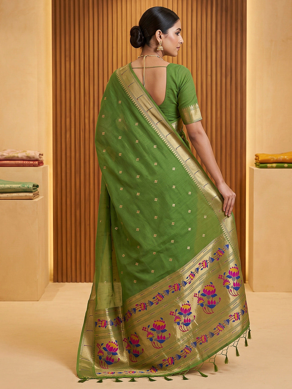 Olive-Green Cotton Blend Woven Saree