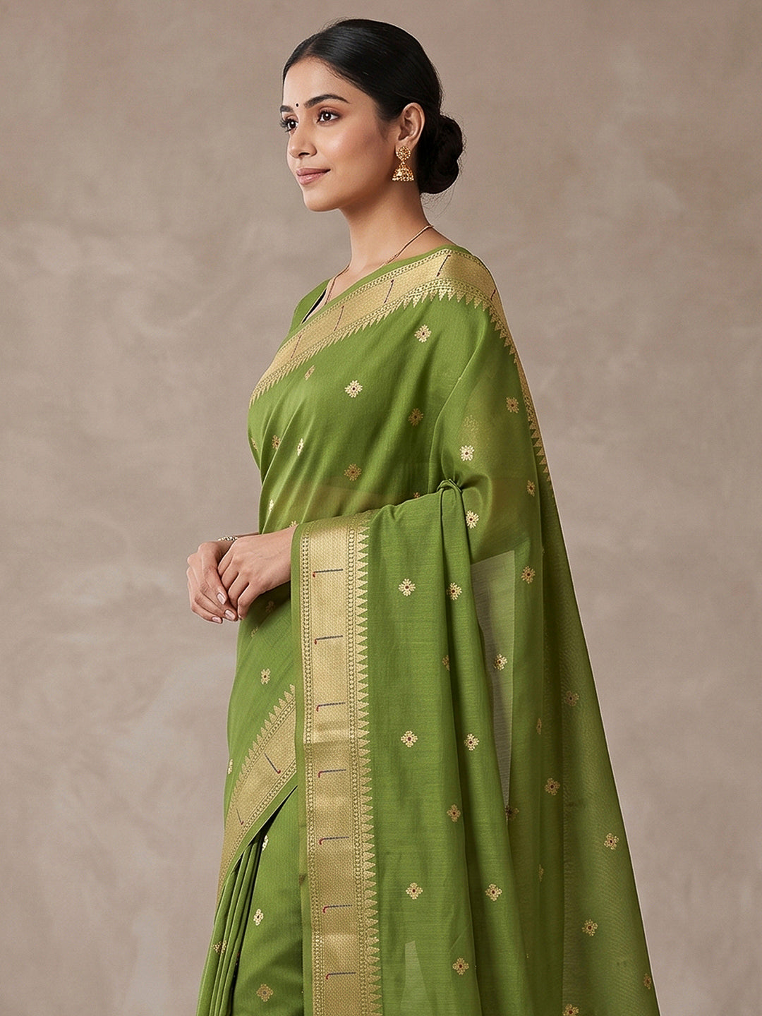 Olive-Green Cotton Blend Woven Saree
