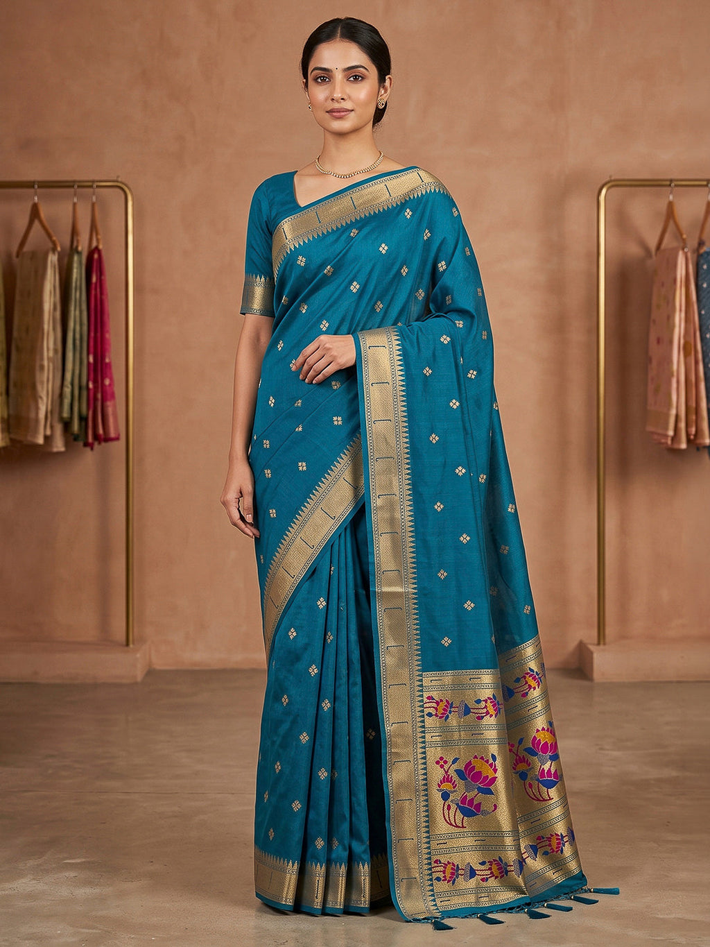 Peacock-Blue Cotton Blend Woven Saree