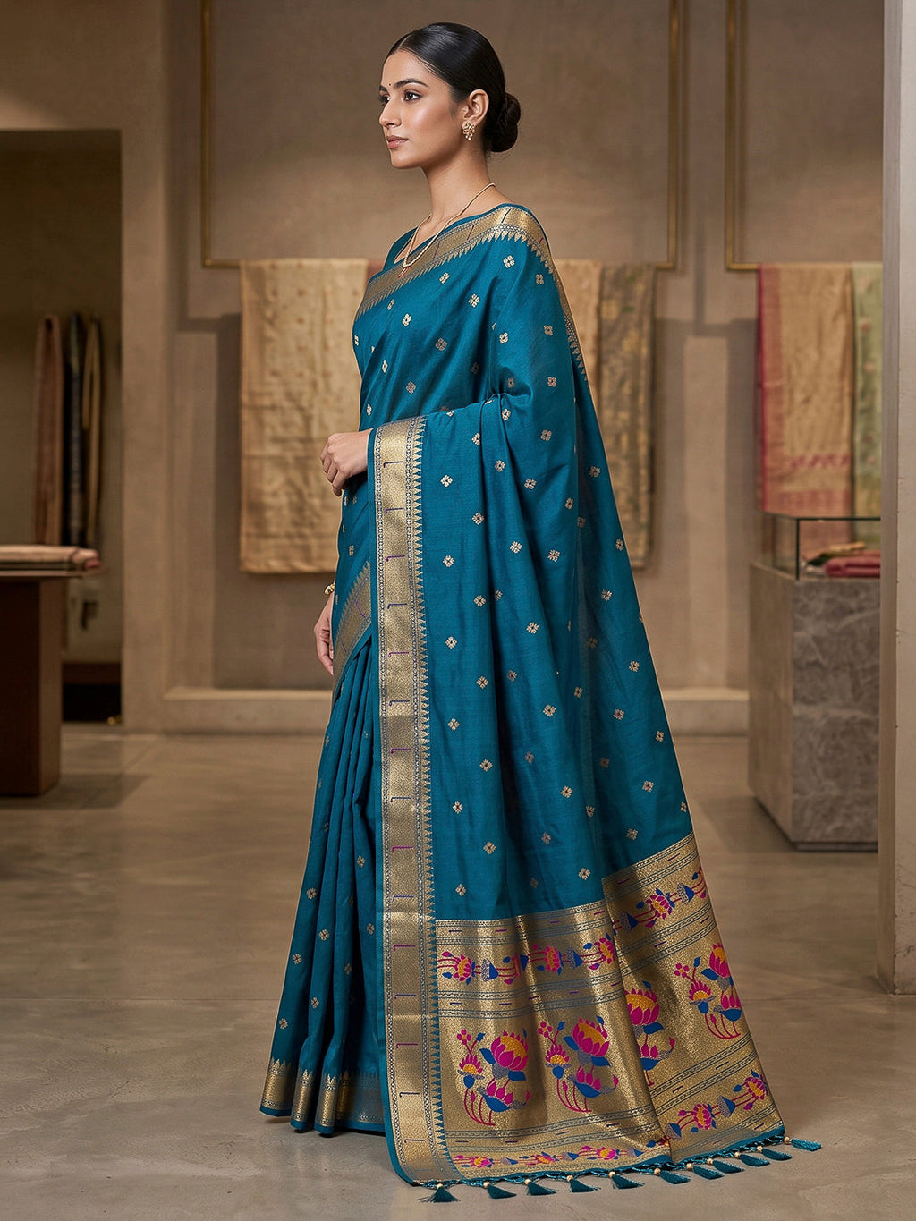 Peacock-Blue Cotton Blend Woven Saree