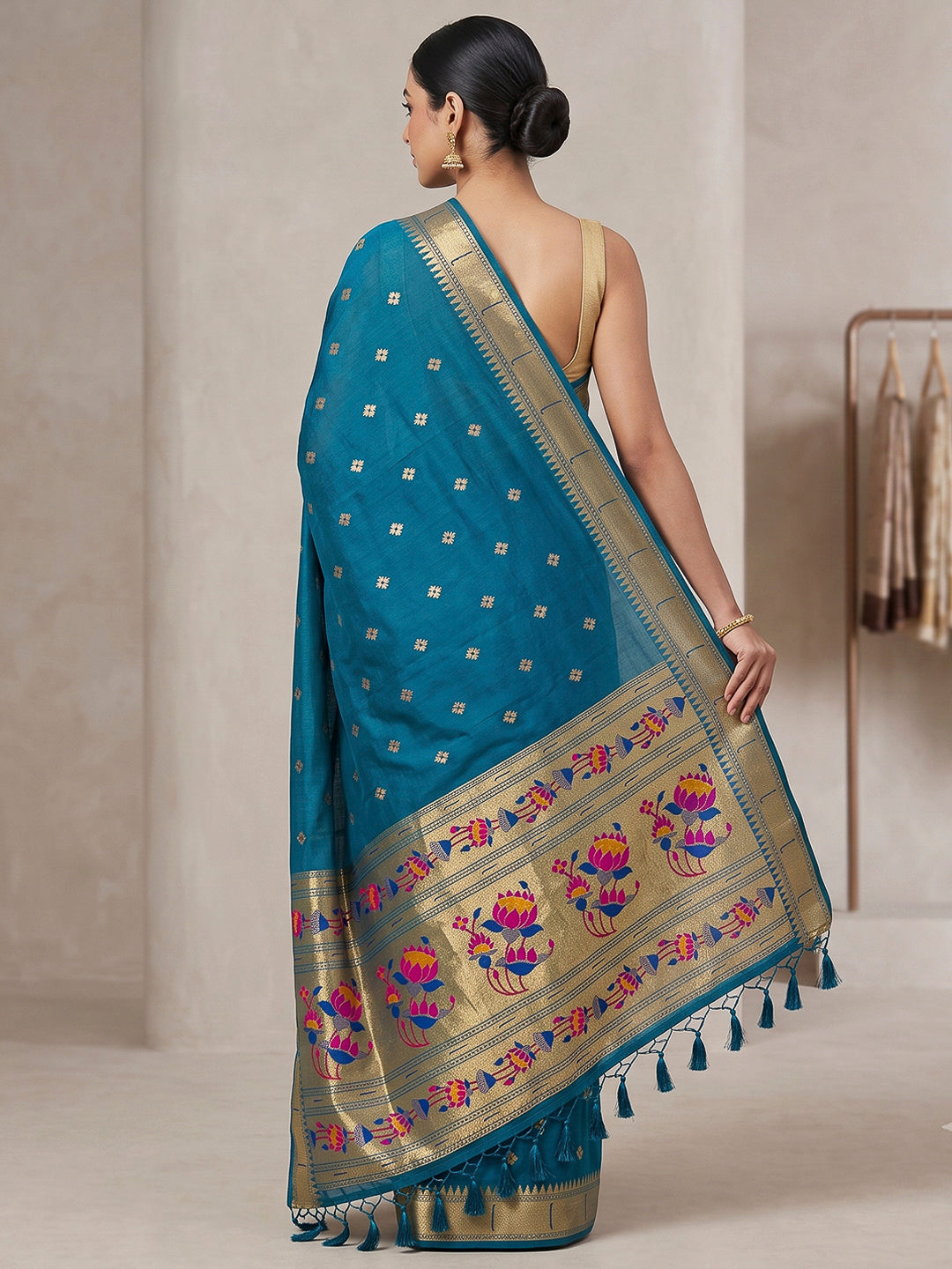 Peacock-Blue Cotton Blend Woven Saree