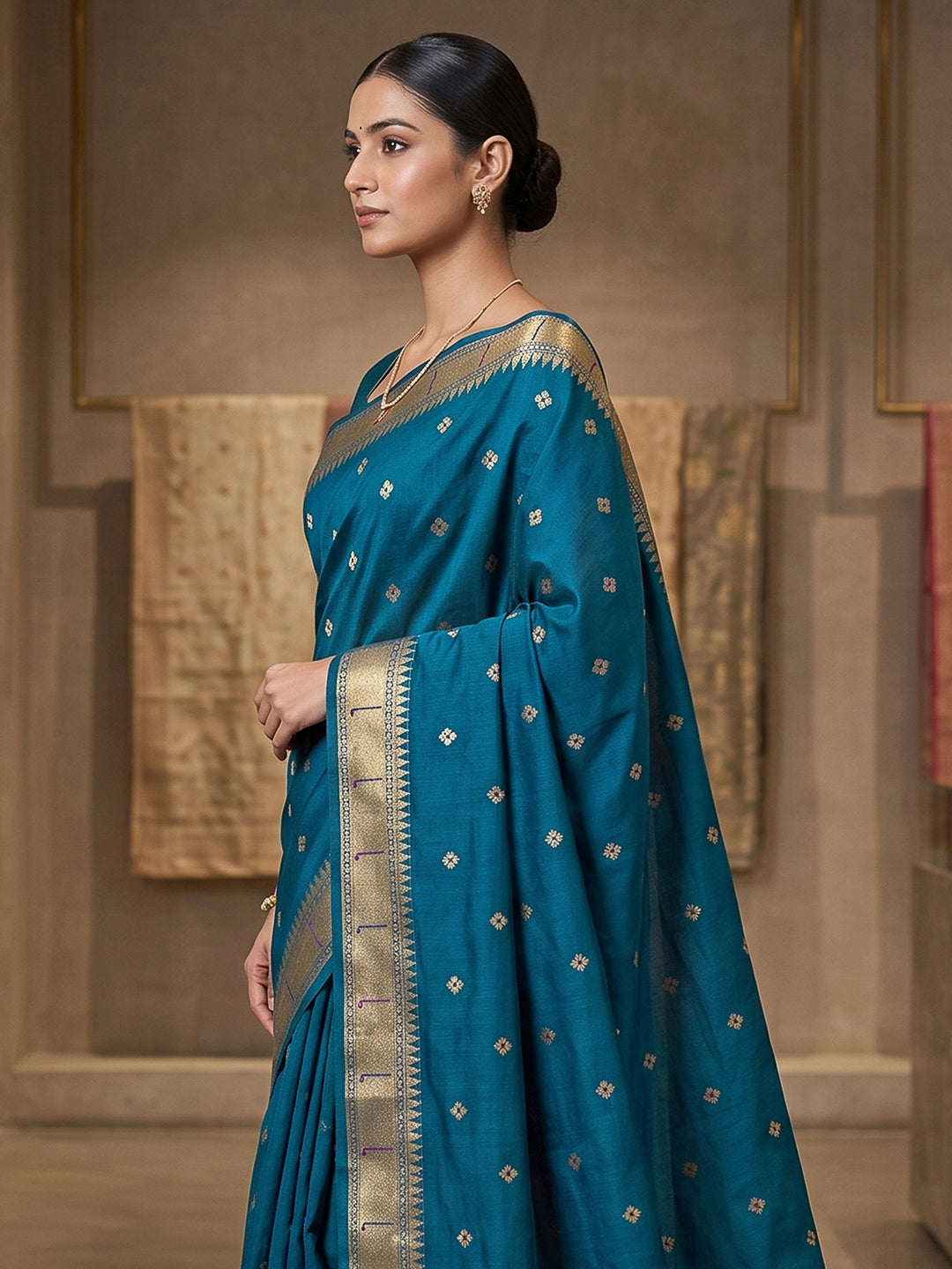Peacock-Blue Cotton Blend Woven Saree