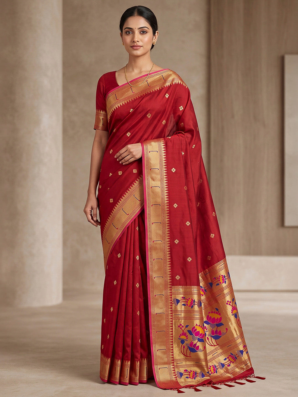 Red Cotton Blend Woven Saree