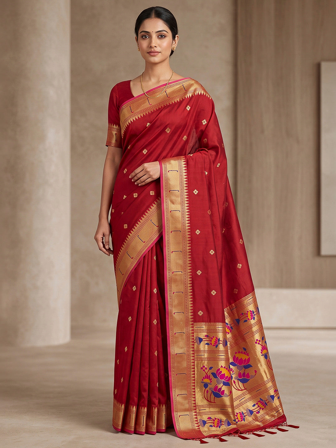 Red Cotton Blend Woven Saree