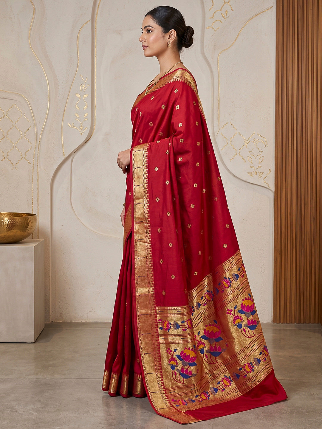 Red Cotton Blend Woven Saree