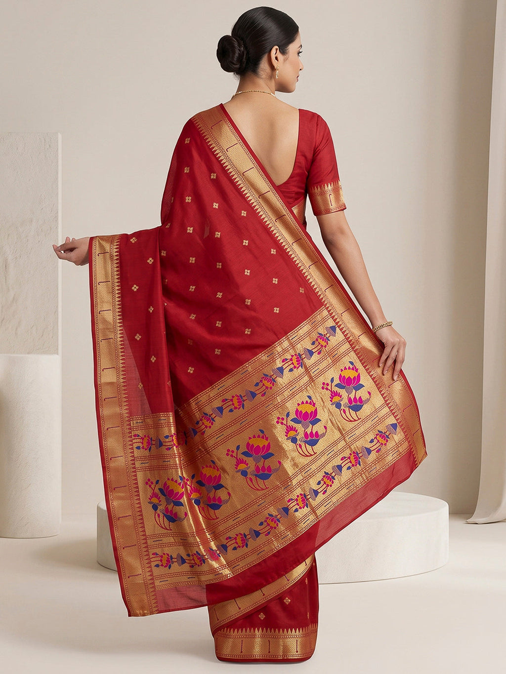 Red Cotton Blend Woven Saree