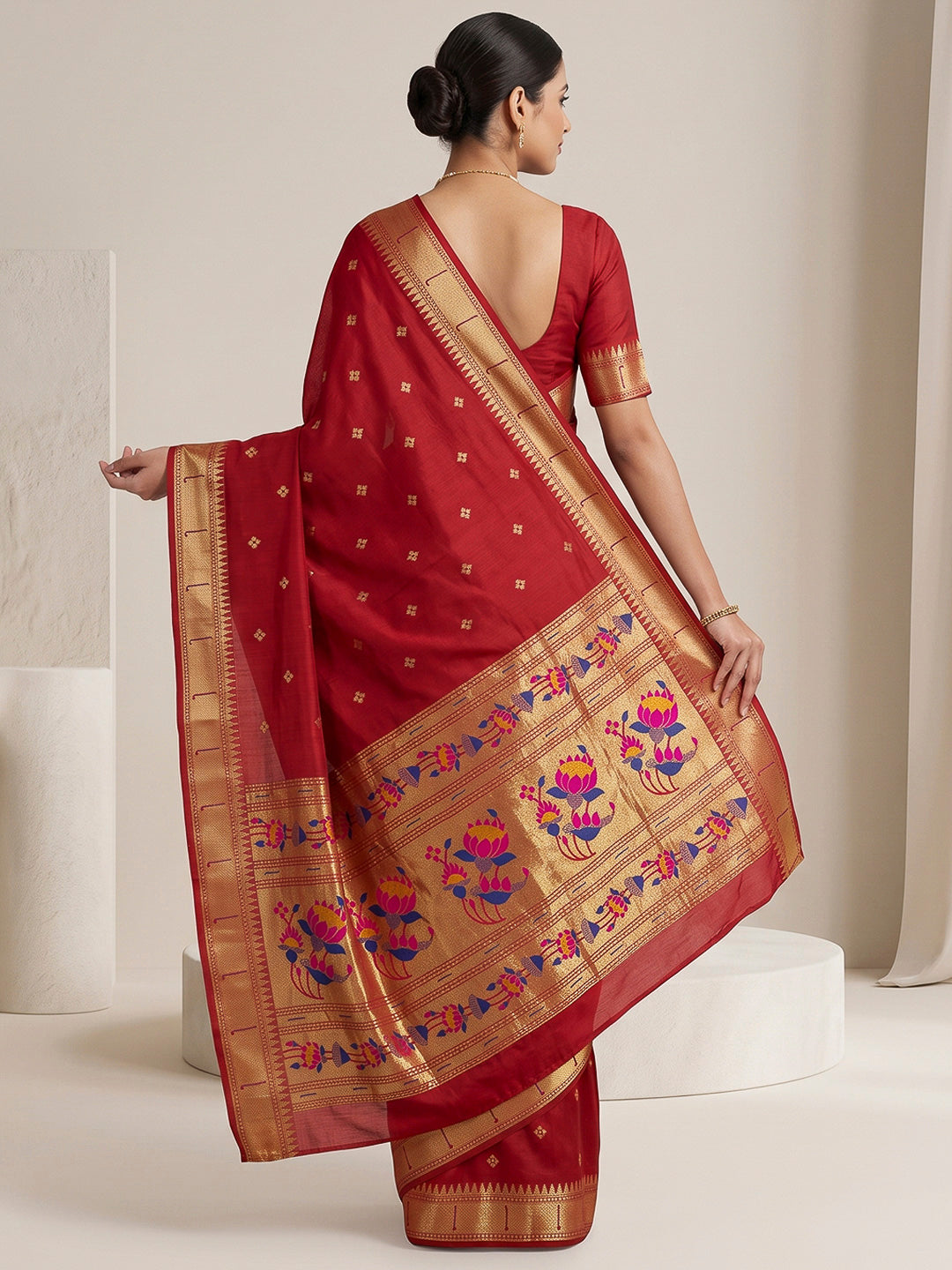 Red Cotton Blend Woven Saree