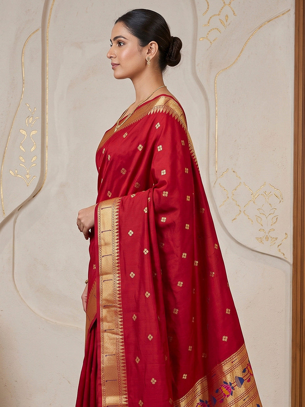 Red Cotton Blend Woven Saree