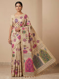 Off-White Cotton Blend Woven Saree