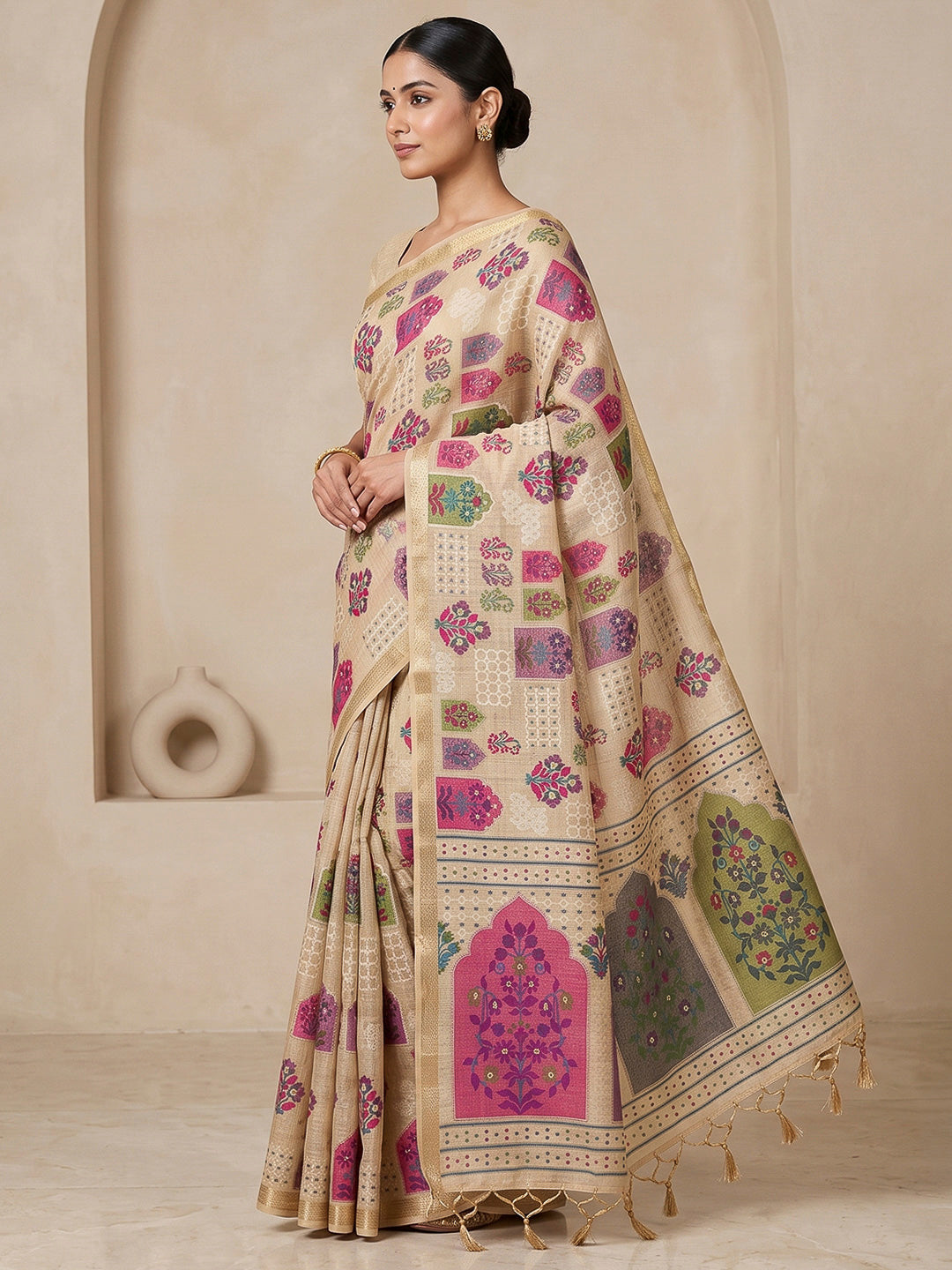Off-White Cotton Blend Woven Saree