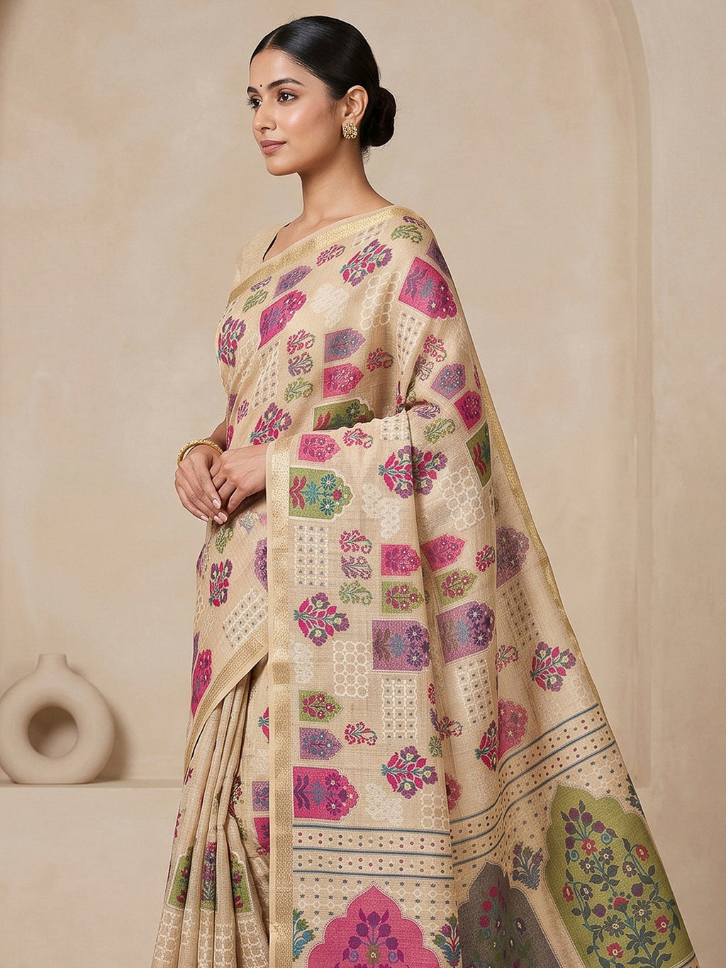 Off-White Cotton Blend Woven Saree
