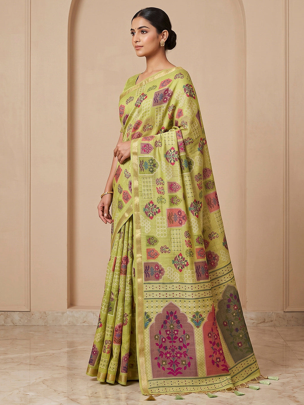 Olive-Green Cotton Blend Woven Saree