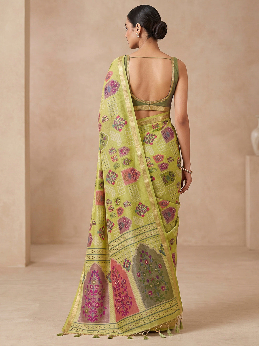 Olive-Green Cotton Blend Woven Saree