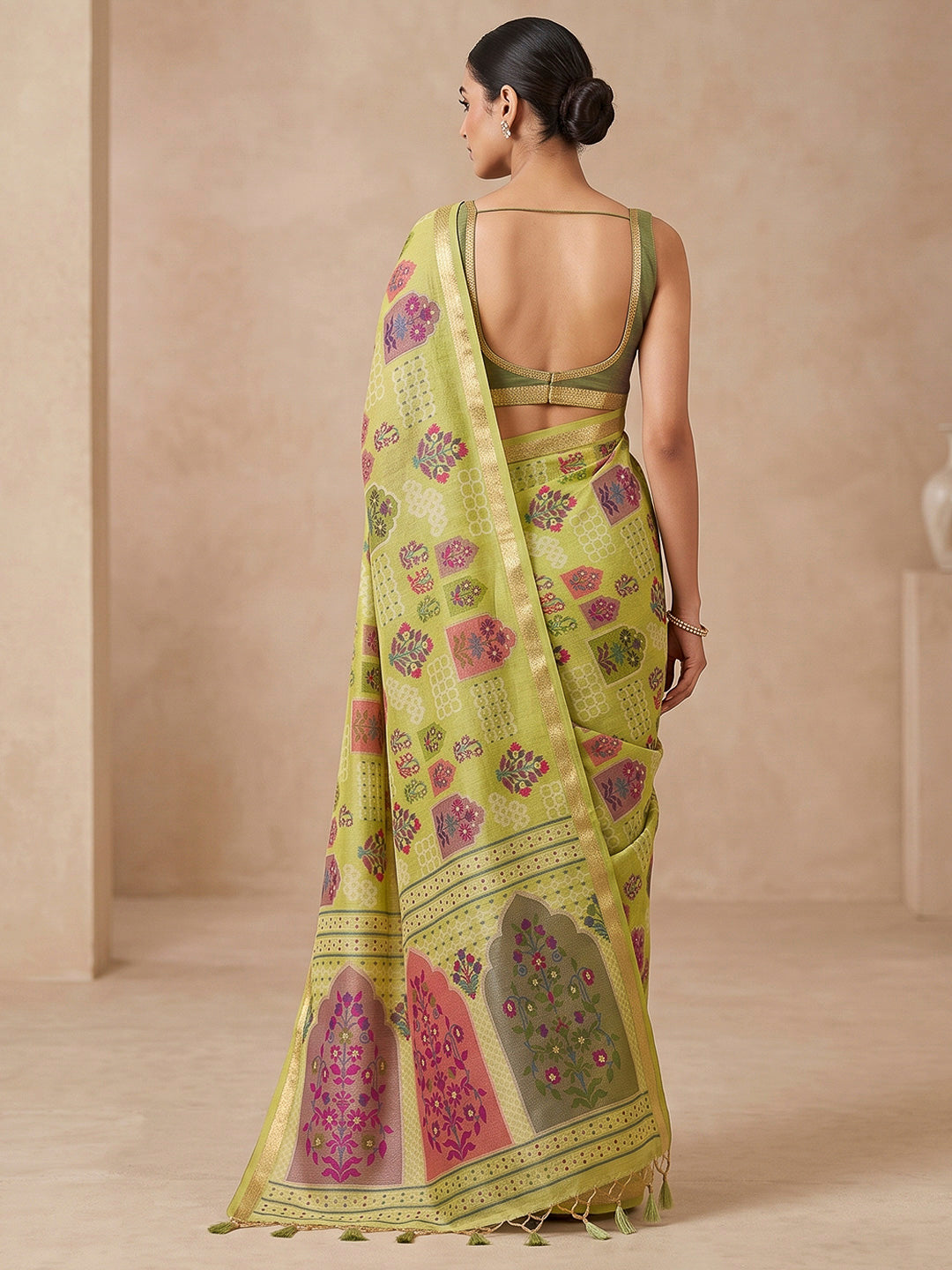 Olive-Green Cotton Blend Woven Saree