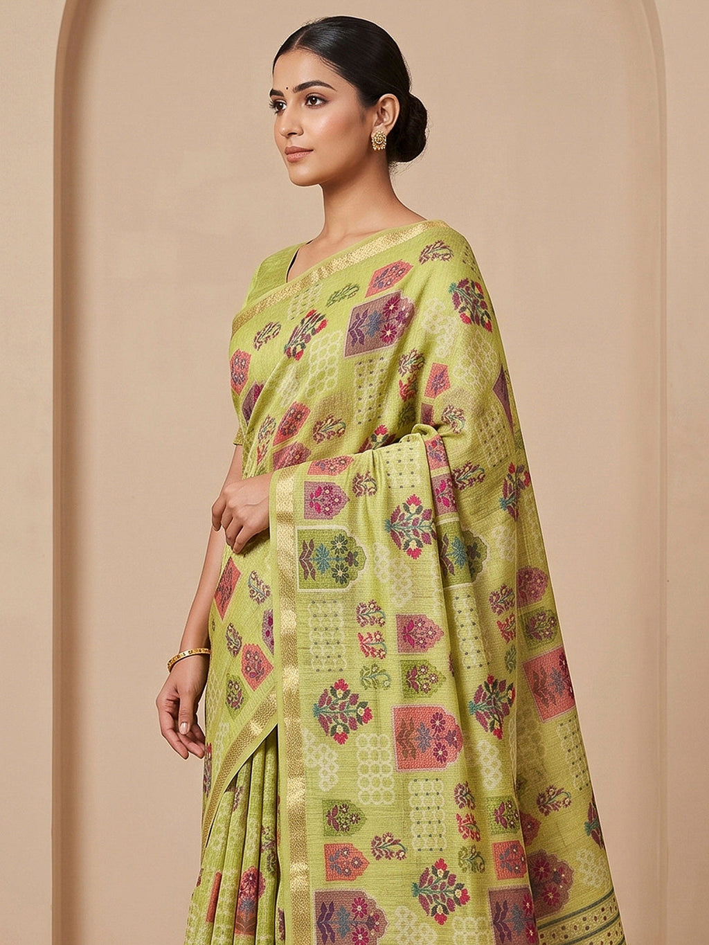 Olive-Green Cotton Blend Woven Saree