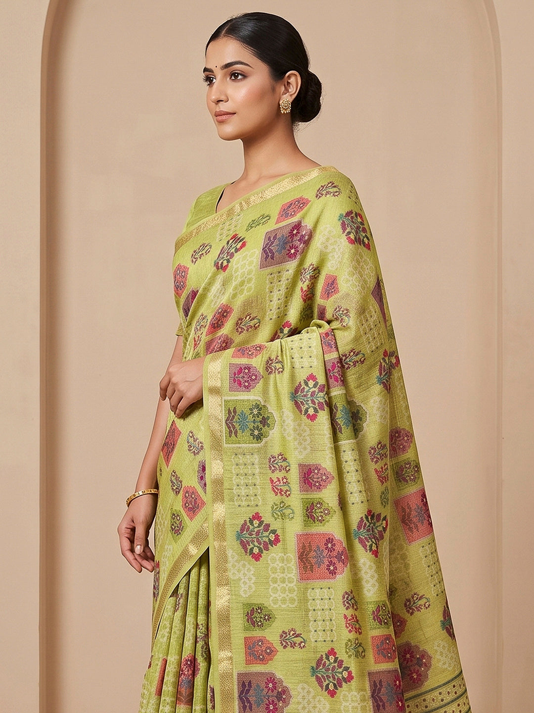 Olive-Green Cotton Blend Woven Saree