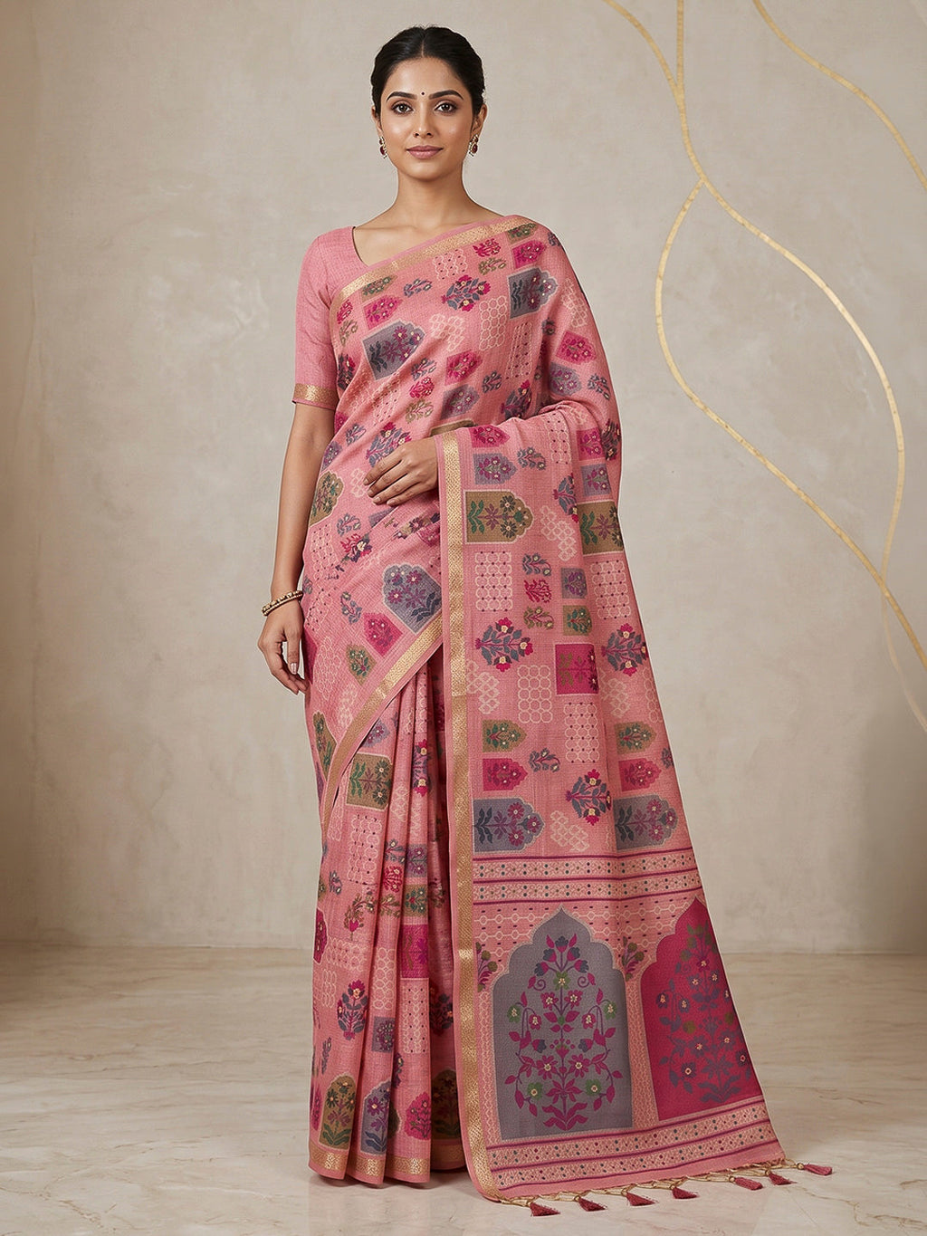Pink Cotton Blend Woven Saree