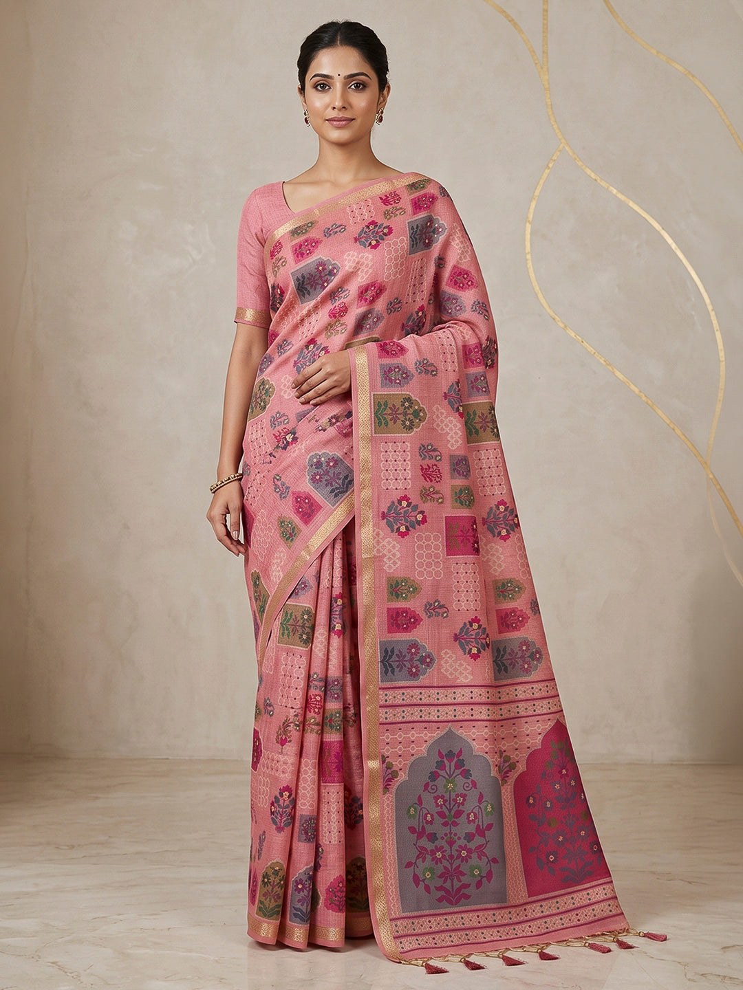 Pink Cotton Blend Woven Saree