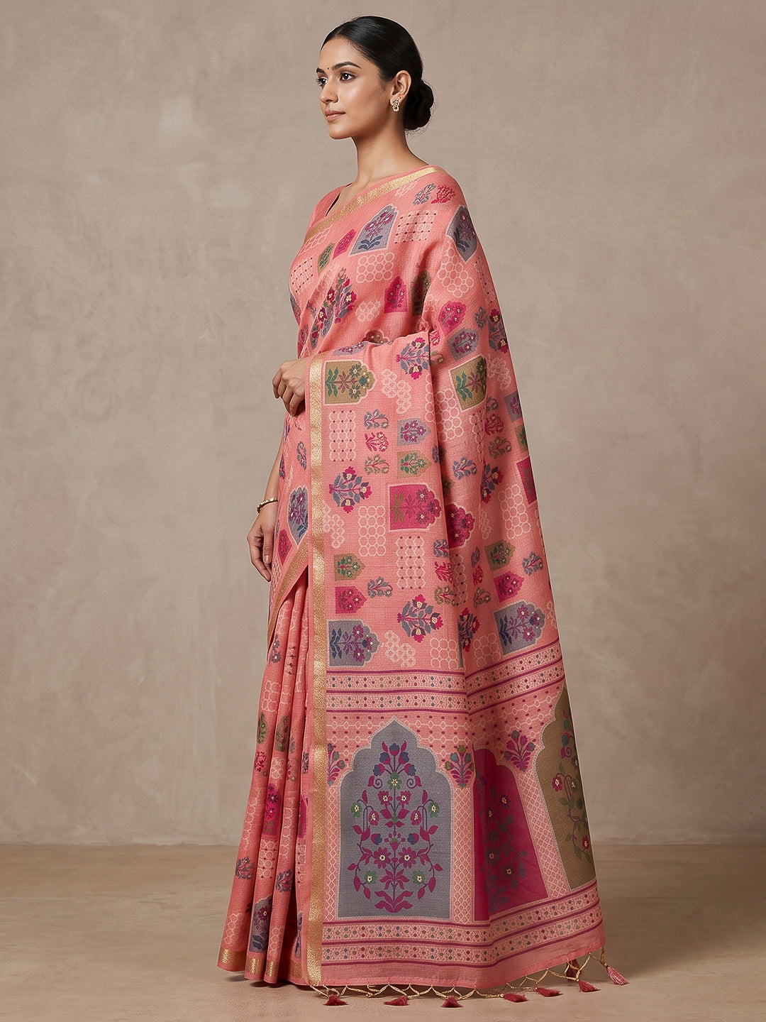 Pink Cotton Blend Woven Saree