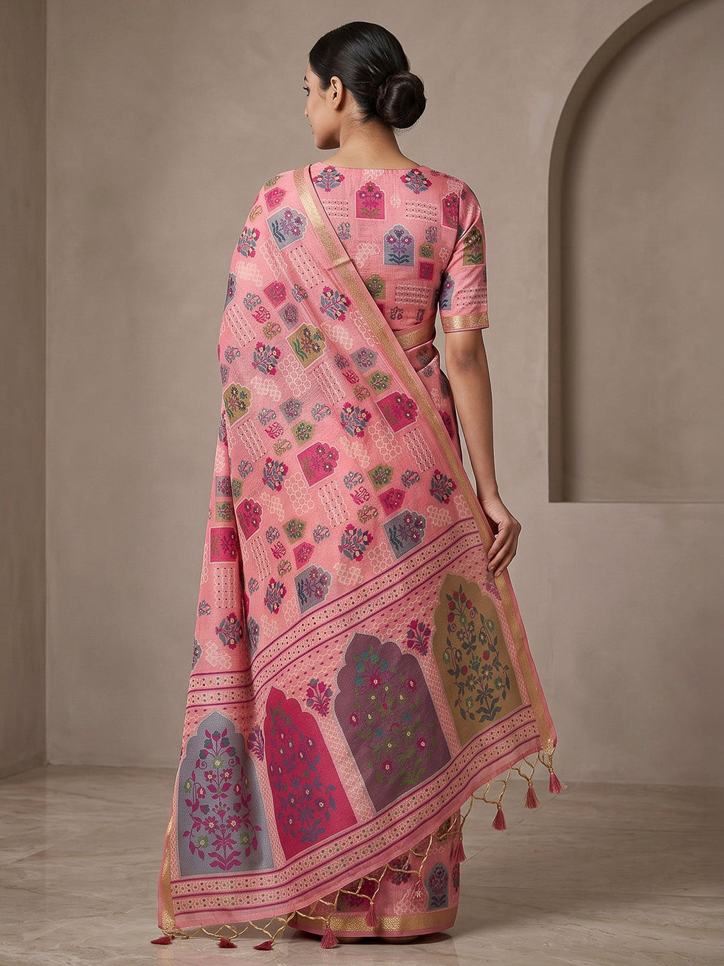 Pink Cotton Blend Woven Saree
