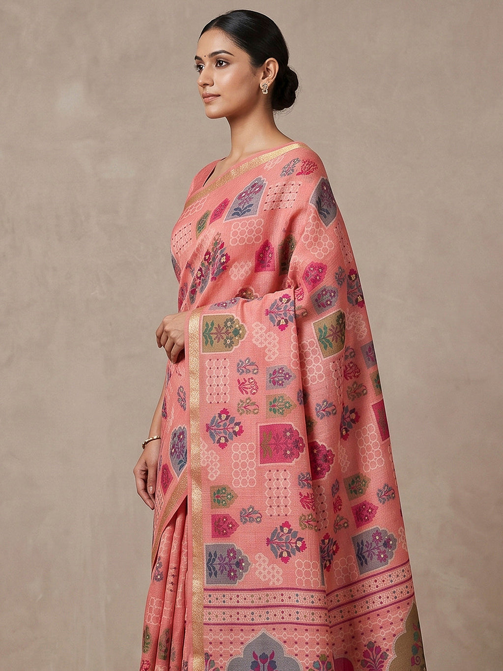 Pink Cotton Blend Woven Saree