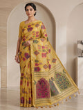 Yellow Cotton Blend Woven Saree