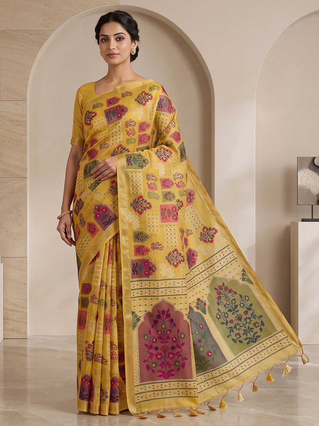 Yellow Cotton Blend Woven Saree